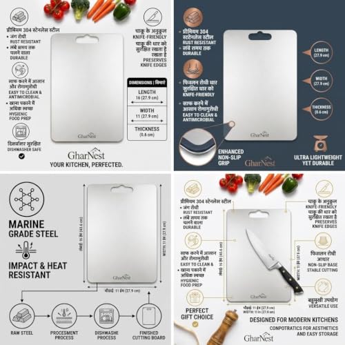 Image of GharNestStainless Steel Cutting Board with Handle, 32 x 21.5 cm, Scratch Resistant, Anti-Slip, Hygienic for Vegetables, Fruits & Meat