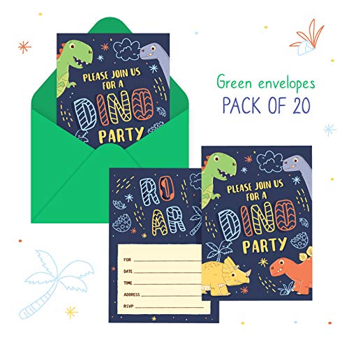 Dinosaur Birthday Invitations With Green Envelopes Pack Of 20 | Kids Roar Bday Party Invites For Boys 5" X 7" Card, Colorful Dino Design #TOP2