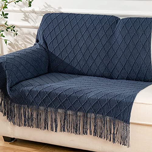 Battilo Home Navy Throw Blanket With Fringe Geometric Bed Blue Throws Spring Decorative Large Throw For Couch Sofa Indoor Outdoor (Navy, 52"X80") #TOP2