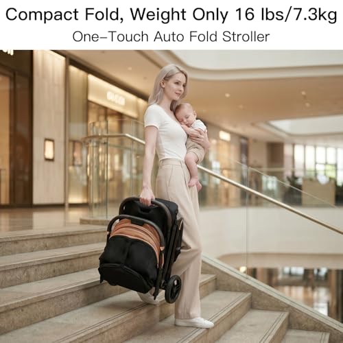 Image of Gromast Gravity Folding Baby Stroller - Portable Travel Toddler Stroller w /Adjustable Backrest, Canopy & Cup Holder, Lightweight and UV Protected, One-Hand Automatic Folding - Khaki