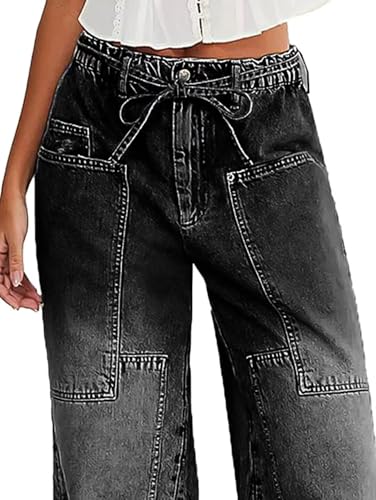 Flamingals Wide Leg Jeans for Women Drawsting Mid Waist Baggy Jeans Belted Wash Stitch Detai Trouser Jeans3
