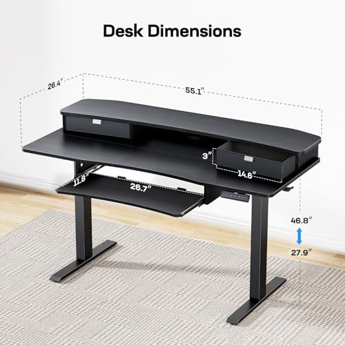 Image of HUANUO 55 inch x 26 inch Electric Standing Desk with 2 Drawers & 26.7 inch Large Keyboard Tray, C-Clamp Mount Compatible, Adjustable Computer Desk for Home Office, Stand Up Desk with 4 Height Presets, Black