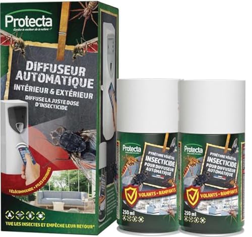 Protecta® - Kit Diffuseur Insecticide Automatique Programmable + Aérosol Pyrèthre 250 ml - Anti-Mouches, Moustiques & Insectes Volants et Rampants - Protection 24h/24...