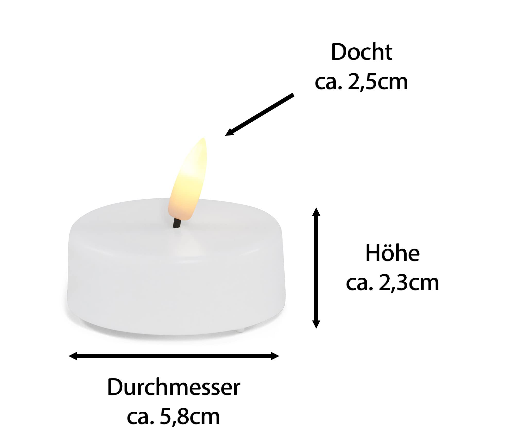 Velas de té LED grandes con temporizador, juego de 12 velas LED de color blanco cálido con llama parpadeante, luz LED grande de 6 cm, plástico, 1 pila CR2032 requerida, LED para pick de velas en