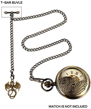 TREEWETO Men's Albert Chain Pocket Watch Curb Link Key Chain 2 Hooks with Antique Dragon Pendant Design Charm Fob T Bar