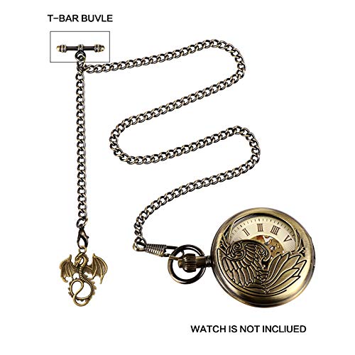 Treeweto Men's Albert Chain Pocket Watch Curb Link Key Chain 2 Hooks With Antique Dragon Bronze Pendant Design Charm Fob T Bar #TOP5