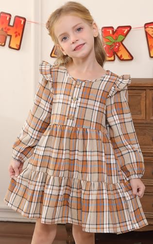 Toddler Baby Girls Dress Plaid Ruffle Flannel Long Sleeve Button Zip A-Line Tiered Dress Fall Winter Outfits2