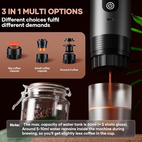 Image of Portable Coffee Maker Espresso Machine Cafetera Portatil Personal Rechargeable Coffee Maker Small for Travel Camping usb-c Battery Espresso Maker, 3-IN-1 Compatible with Ground Coffee & NS Capsule