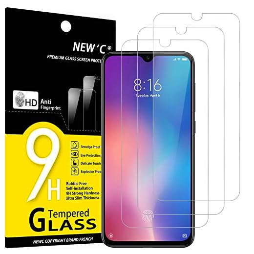 NEW'C 3 Unidades, Protector de Pantalla para Xiaomi Mi 9 SE, Mi Play, Antiarañazos, Antihuellas, Sin Burbujas, Dureza 9H, 0.33 mm Ultra Transparente, Vidrio Templado Ultra Resistente