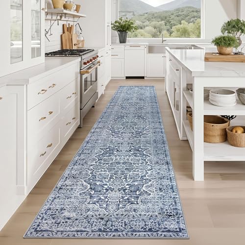 KUTA Vintage Floral Washable Runner Rug 2.6x12, Non-Slip Hallway Kitchen Rugs Blue White with Rubber Backing,Ultra Soft Printed Distressed Modern Extra Long 12ft Carpet Runners Indoor for Bedroom