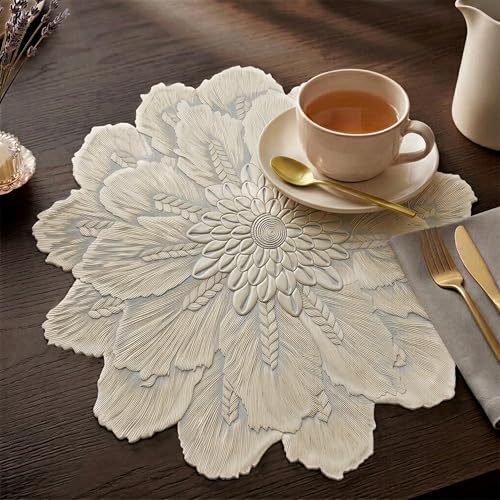 Image of Yellow Weaves 1 Pc PVC Round Table Placemat, Dining Table Mat, Stain Resistant, Anti-Skid, Waterproof, Washable, Dining, Kitchen, Restaurant Table Set Easy to Clean, Durable (Bloom Golden)