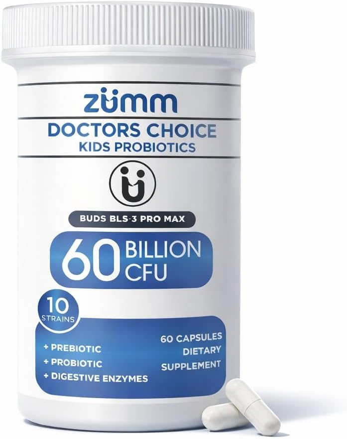 Kids Probiotic 60 Billion CFU 10 Strains with Prebiotics & Digestive Enzymes Buds BLS-3 PRO MAX for Gut & Digestive Support Vegan, Non-GMO, Gluten Free 60 Capsules