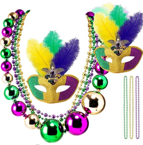 Bdecoll Mardi Gras Set di accessori per costume Mardi Gras Maschera con piume – Costume di carnevale con perline boa di piume – Colori in oro, verde, viola per feste in maschera