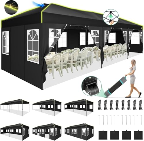 Image of COBIZI 10x30 Pop Up Canopy Tent, Wedding Party Tent with 8 Sidewall One Push Setup Glow, 3 Adjustable Height Air Vent Waterproof UPF50+, Wheeled Bag, Sandbag, Stake, Rope for Commercial, Outdoor
