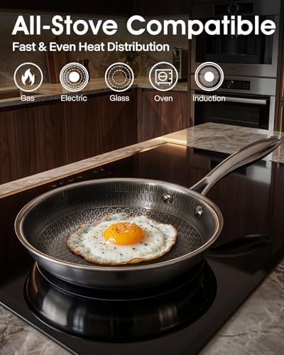 Image of USELUCK Hybrid Non stick Frying Pans with Glass Lid, 8-Inch Frying Pan. | Stainless Steel Skillet with Honeycomb Surface,Oven-Safe,PFAS-Free,Compatible with All Cooktops.