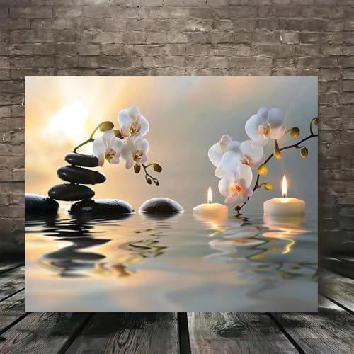 Tableau toile Orchidée Zen grand format bougie pierres déco