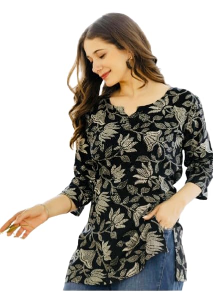 Women Floral Printed Cotton Short Kurta || Short Kurti for Women (Black)-image-32
