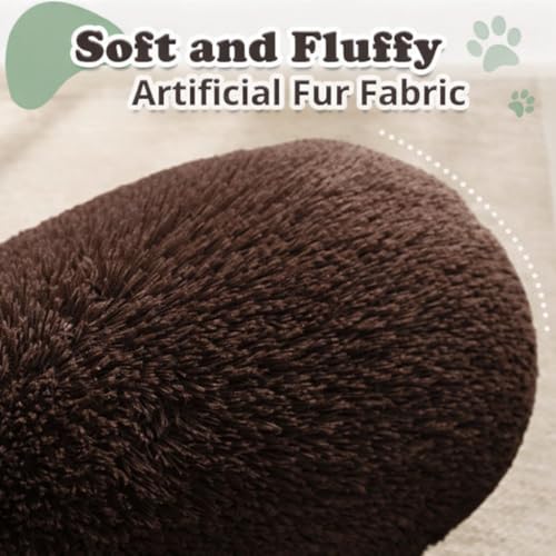 Image of ZEXSAZONE Summer Brown Plush Dog Bed - Anti-Anxiety Round Donut Pet Bed with Raised Edges | Soft Faux Fur Calming Bed for Puppies, Cats & Small Dogs | Machine Washable