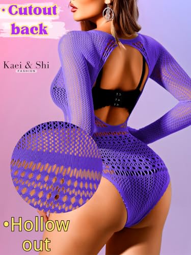 Image of Kaei&Shi Sexy Hollow Rave Outfits, Fishnet Bodysuit Fits US Women Sizes 0-18, Sheer Lace Glow Party Tops Festival Mesh