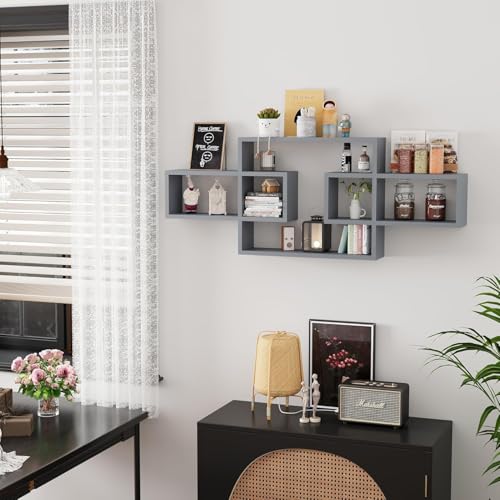Image of Wooden Wall Shelves for Living Room, Bedroom Wall Mounted Rectangle Bookcase, Intersecting Wall Shelves for Storage Modern Decorative Display Shelves for Wall Decor (Grey)