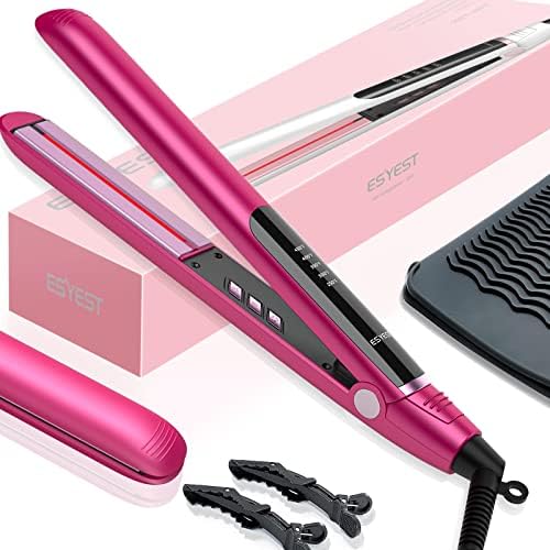 ESYEST Flat Iron Hair Straightener and Curler 2 in 1 with Infrared Light Therapy, 1 Inch Professional Ceramic Straightening Curling Iron with 10s Fast Heating and 5 Adjustable Temp for Women, Pink