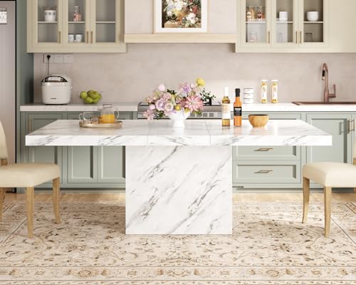 Image of HSH 55 inch White Faux Marble Dining Table for 4, Rectangle Dining Room Table | Modern Kitchen Table with a Heavy-Duty Pedestal Base, Seats 4, Ideal For Meals, Work and Gatherings, Table Only
