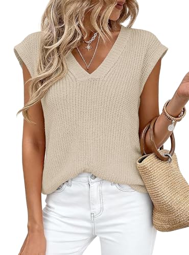 PRETTYGARDEN Womens 2026 Lightweight Sweaters Vest Spring Trendy Cap Sleeve V Neck Knit Tank Tops Summer Going Out Outfits (Apricot Medium)