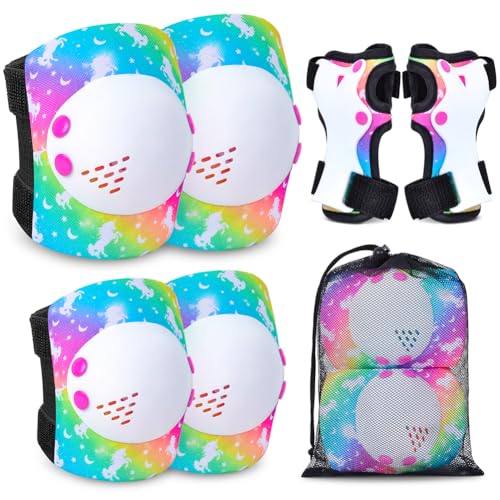 Protection Roller Enfant Fille, Kit Protection Roller Enfant, Genouillere et Coudes Poignet Ajustables pour Enfants, Adaptés aux Rollers, Skateboards (Licorne...