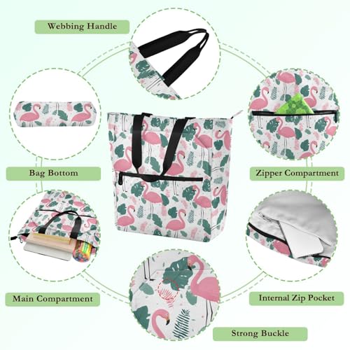 Flamingo Leaf Dot Tote Bag for Book Lovers Reusable Bags with Zipper Pocket for School Work Shopping3