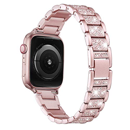 Mtozon Bling Bands Compatible with Apple Watch Band 42mm/41mm/40mm/38mm Iwatch Series 10/9/8/7/6/SE/5/4/3/2/1, Women Metal Rhinestone Dressy Replacement Wristband, Rose Gold