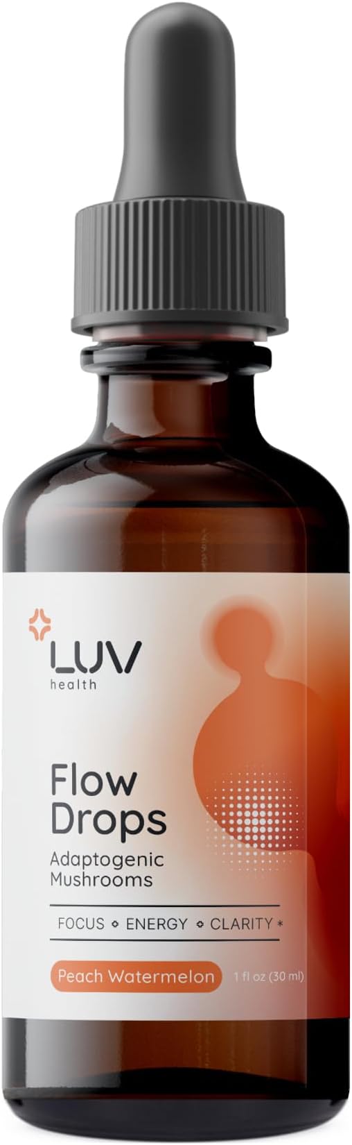 Flow Drops LUV Health Energy Supplement for Focus, Mental Clarity & Immune Support - Adaptogenic Mushrooms with Lion’s Mane, Cordyceps, Reishi, Chaga & Turkey Tail – Vegan, Made in USA 30 Servings