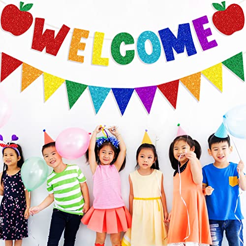 Glitter Welcome Banner With Apple Sign Colorful Glittery Pennant Banner Welcome Back To School Decorations First Day Of School Party Decorations Welcome To Kindergarten School Classroom Teacher Office Hanging Decorations Supplies #TOP2