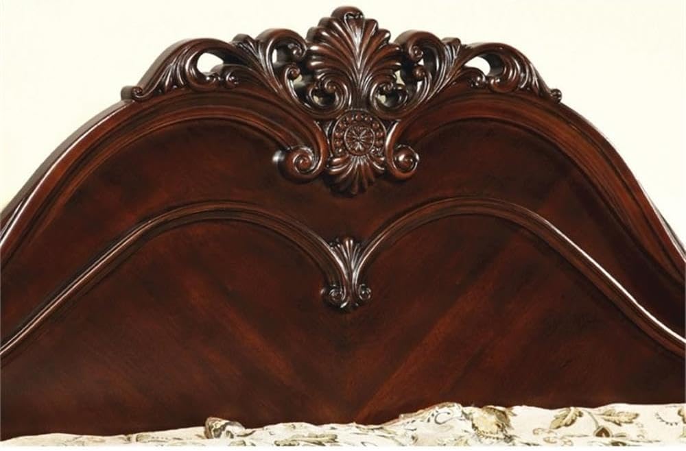 Pemberly Row 2pc Solid Wood Bedroom Set, King Bed Frame & Nightstand, Cherry Finish, Ornately Carved Details, 2-Drawer Nightstand, Classic Antique-Style Bedroom Furniture for Traditional Decor