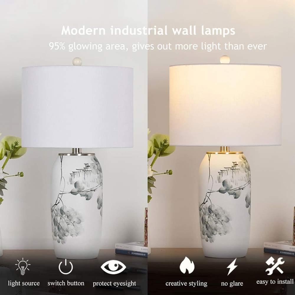 Elegante Lámpara De Mesa Cerámica Pintada A Mano Con Pantalla Tela - Ideal Para Dormitorio, Sala Estar Y Estudio Accesorio Iluminación Interior E26