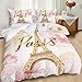 AILONEN Eiffel Tower Pink Duvet Cover Set Full Size,Tie Dye Flower Comforter Cover Set for Girls Women,3-Piece Pink and Gold Watercolor Gold Paris Duvet Cover with 2 Pillowcases