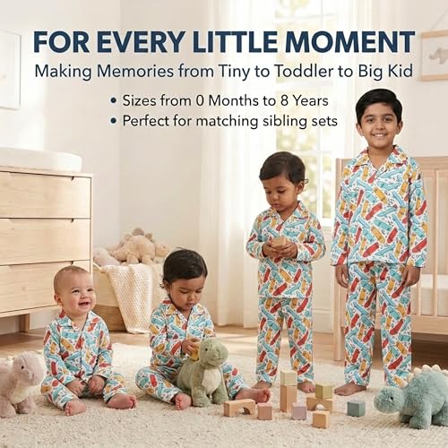Image of The Mom Store Kids Cotton Night Suit for Boys and Girls | Soft Breathable Night Dress for Kids Boys and Girls | Printed Nightsuit Pajama Set | Comfortable All-Season Sleepwear for Daily Use
