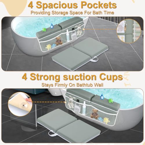 Image of Baby Bath Kneeler and Elbow Rest Pad Set | Bath Kneeling Pad for Bathing Baby with Toy Organizer Pockets，Soft Non-Slip Baby Bathtub Mat for Baby Bathing，Gifts for Parents