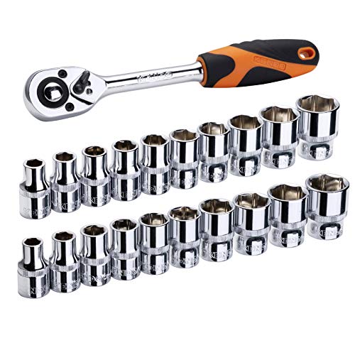 Kendo 21Pcs 1/2’’ Drive Ratchet Socket Wrench Set – Professional 72 Tooth Reversible Quick Release Wrench With 20 Crv Sockets - 10 Sae + 10 Metric - With Storage Rack #TOP1