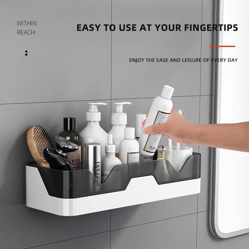 Image of TEKCOOL Wall Mounted Bathroom Shelf Organizer | 2 Tier Plastic Bathroom Rack | No Drill Adhesive Bathroom Accessories for Shampoo, Soap & Toiletries;