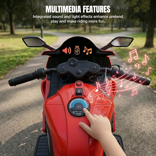 Image of Baybee TORQ Baby Battery Operated Bike for Kids | Ride on Toy with LED Light, Bluetooth & Music | Rechargeable Battery Bikes with Hand Accelerator | Baby Electric Bike for Kids 1 to 5 Years (Dark Red)