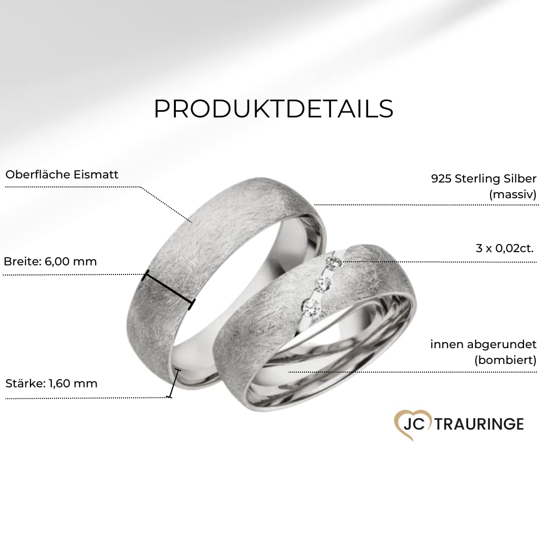 JC Trauringe 925er Sterling Silber Paarpreis I Ehe-Ringe mit kostenfreier Gravur I Verlobungsringe 6 mm breit inkl. Etui-Box I Herren-Ring ohne & Damen-Ring mit Zirkonia-Stein I Gr. 48 bis 72 I A22