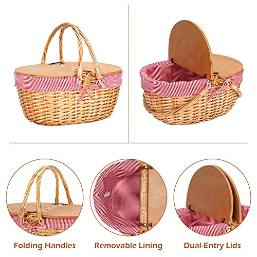 Wicker Picnic Basket With Liner, Wooden Split Lid Picnic Basket, Vintage-Style Wicker Picnic Hamper With Folding Woven Handle For Picnic, Camping, Outdoor, Valentine Day, Thanks Giving, Birthday (Red) #TOP1