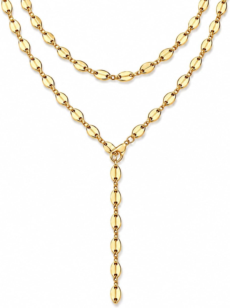 Chunky Gold Layered Necklace Set for Women, 2Pcs Vintage Y Shaped Lariat Drop Long Chain Geometric Hollow Oval Choker Minimalist Statement Bold Adjustable Trendy Jewelry Gifts