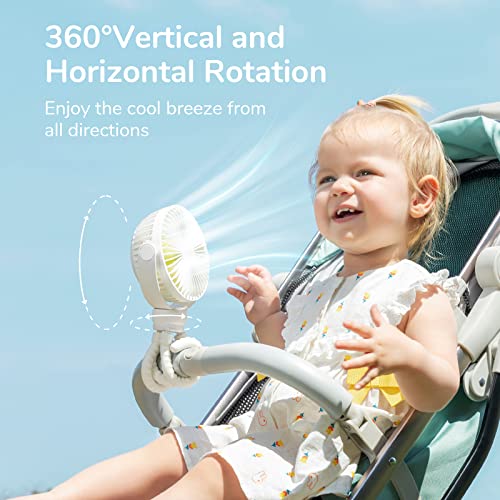 Image of JISULIFE Portable Stroller Fan 4000mAh Battery Operated with 4 Speeds, USB Rechargeable Mini Fan with 360Rotatable Flexible Tripod for Handheld /Desk /Car Seat /Treadmill /Travel -Starlight White