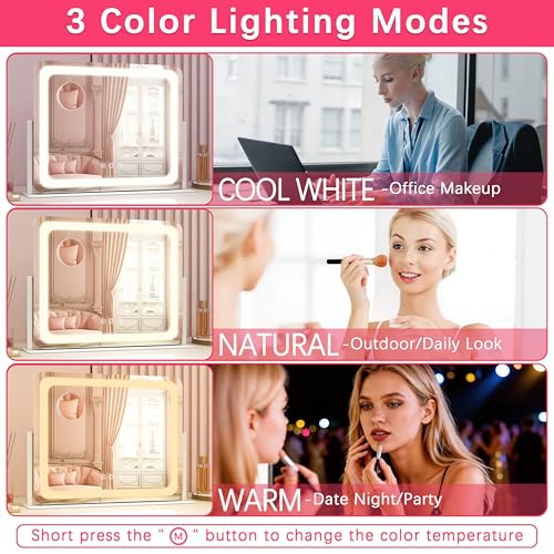 Image of ROLOVE Large Vanity Mirror with Lights, 22 inchx17 inch Lighted Makeup Mirror for Desk, 3 Color Dimmable LED Lights, Smart Touch Control & 360 Rotation Tabletop Dresser Mirror (White)