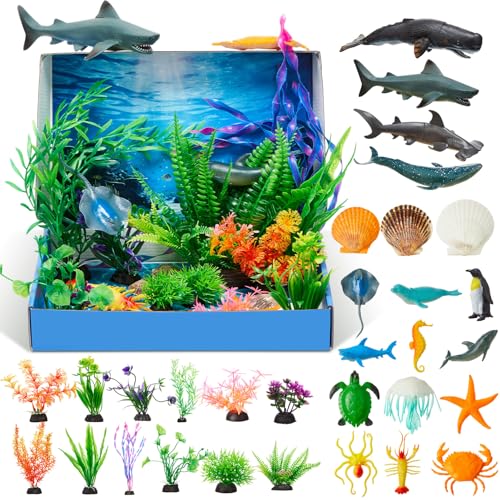 AmazingSpark 43 Pcs Ocean Diorama Kit Habitat Project Supplies Under the Sea Animals Figures Shark Fish Figures Artificial Coral Sea Grass with Diorama Box for Gifts Birthday Party(Box Not Included)