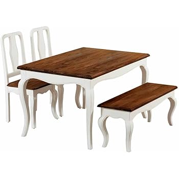 Aprodz Mango Wood Vaughan 4 Seater Dining Table Set For Home One Bench And 2 Chair Dining Furniture Brown White Finish Amazon In Home Kitchen