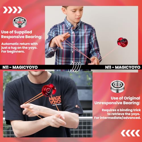 Image of MAGICYOYO N11 Professional Unresponsive Yoyo & Responsive Yo Yo for Kids 8-12 or Above Alloy Aluminum Yo-Yo with Yoyo Bag, 1 Glove, 12Strings and Responsive Bearing Kit (Black Red)