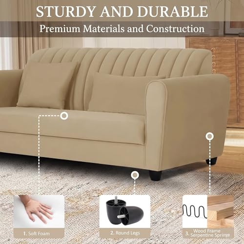 Image of Velvet 2 Seater Sofa, Chesterfield Tufted Sofa with Nailhead Trim, Rolled Arm Sofa with Wood Legs for Living Room & Office (Cream)