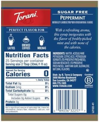 Torani Sugar Free Peppermint Syrup, 0.75 L
